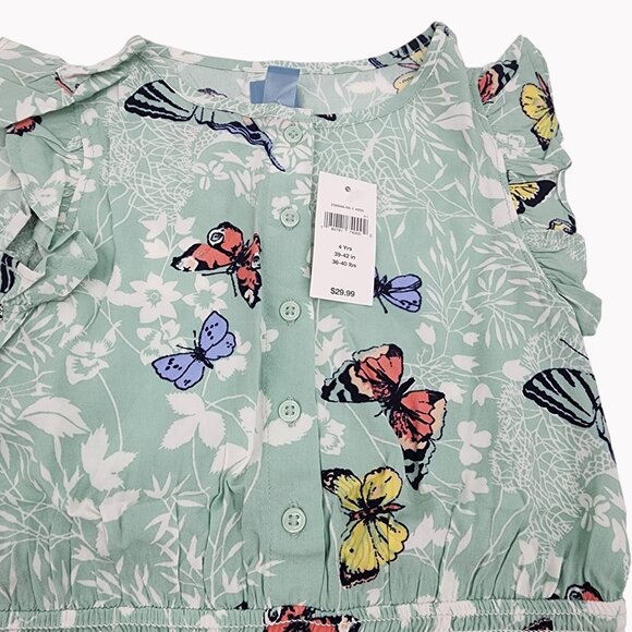 Baby Gap Toddler Girls Size 4 Green Butterfly Print Ruffled Romper Outfit NEW - Picture 3 of 6